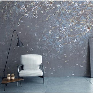 Northern Europen Hanging Rattan Wallpaper, Blue Leaves Plant Wall Mural, Wall Art, Living and Dinning Wall Paper