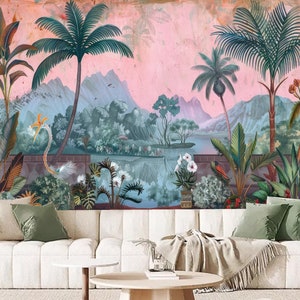Tropical Rainforest Plants and Coconut Trees with Mountains Jungle Forest Wallpaper Wall Mural for Living Room Bedroom or Dinning Room