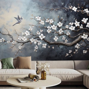 Papier peint chinois fleurs de prunier : autocollant oiseaux en vol