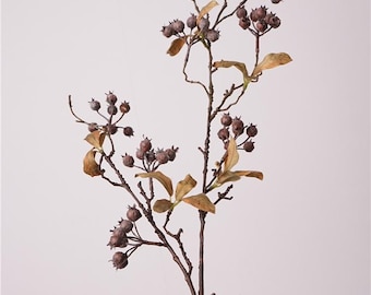 May include: A close-up of a decorative artificial plant stem with small, round, dark brown berries and dried, tan-colored leaves. The stem is a dark brown color and has multiple branches.