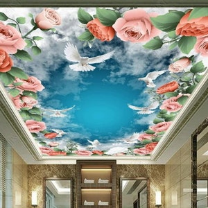 Pink Rose Flower Sky Blue and Pigeon Living Room Bedroom Ceiling Wallpaper Wall Mural