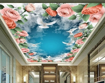 Pink Rose Flower Sky Blue and Pigeon Living Room Bedroom Ceiling Wallpaper Wall Mural