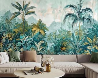 May include: A living room featuring a white sectional sofa and a coffee table. The wall behind the sofa is adorned with a mural depicting a tropical jungle scene, showcasing palm trees, ferns, and other vibrant foliage.