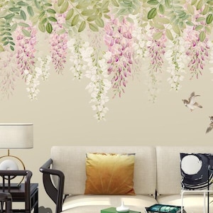 Brushwork Hanging Wisteria Flower Wallpaper, Vivid Birds and Flowers Floral Wall Murals Wall Decor
