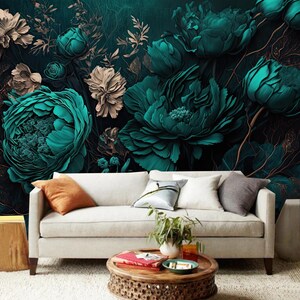 Dark Background Green Peony Flowers Floral Wallpaper Wall Mural Home Decor for Living Bedroom or Dinning Room
