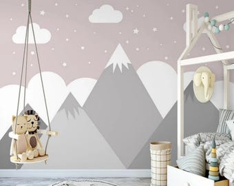 Cartoon Mountain Nursery Wallpaper: Clouds & Stars Kids Room Wall Mural
