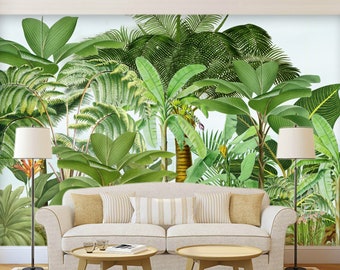 Tropical Rainforest Wallpaper, Southeast Asia Huge Trees Pine Palm and Plants Wall Mural, Living Room or Bedroom Wallpaper Wall Murals
