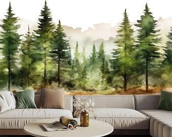 Cartoon Pine Trees Forest with Mountains Wallpaper Wall Mural Home Decor for Living Room Bedroom or Dinning Room