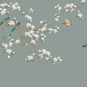 Chinoiserie Abstract Brushwork Hanging Magnolia Flower Wallpaper, Flying Birds and Flowers Home Decor Wall Murals