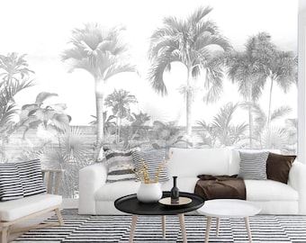 Black And White Tropical Mural Wallpaper | Tropical Forest With Tall Trees And Massive Palms