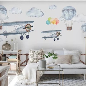Cartoon Airplanes Nursery Wallpaper, Hot-air Balloon and Clouds Kids&#39; Room Baby&#39;s Room Children&#39;s Room Wall Murals