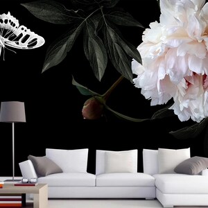 Dark Background Pink Peony Flowers Floral with Flying Butterfly Wallpaper Wall Mural Home Decor