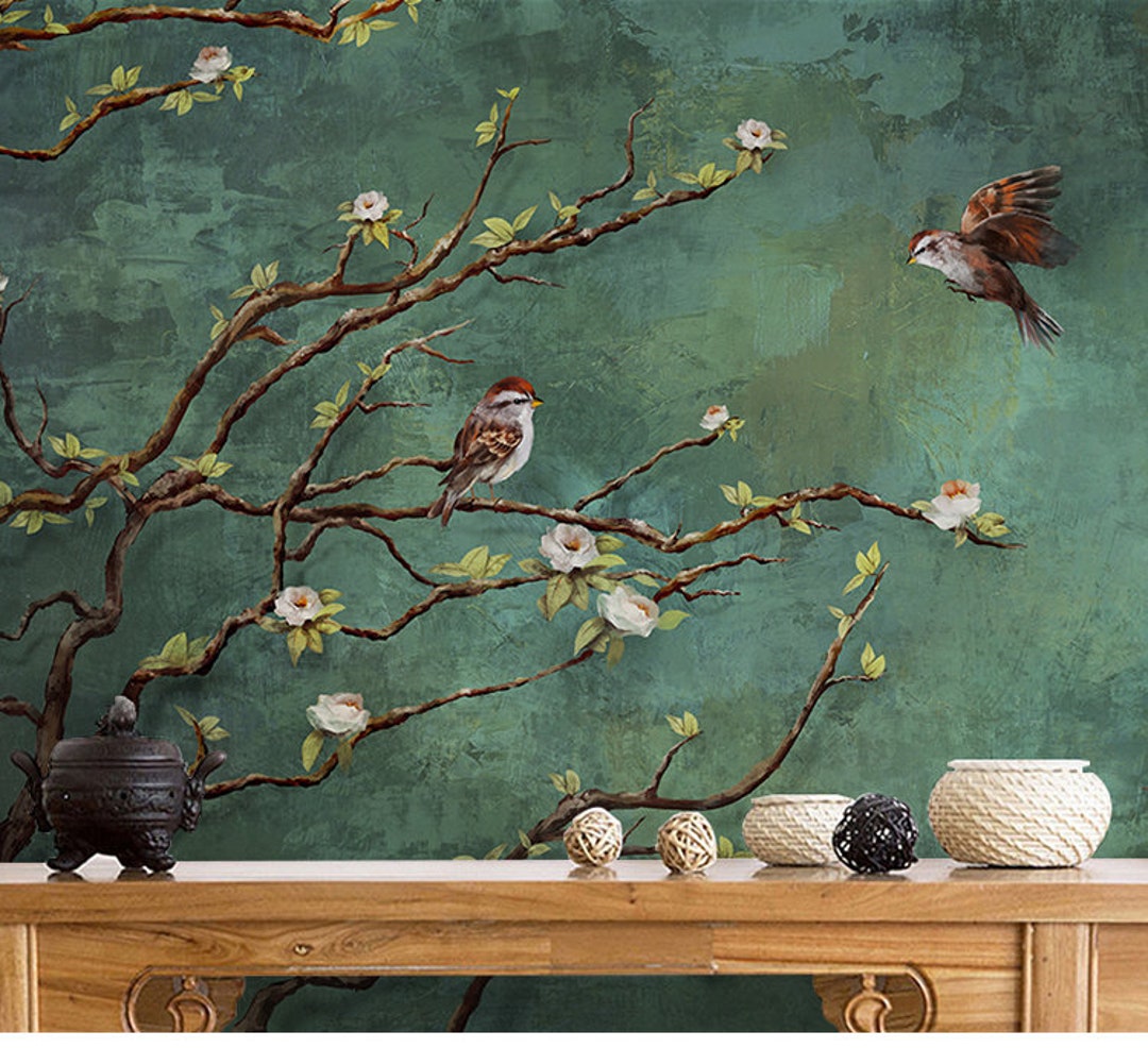 Art Etsy Israel Wall Mural, Vintage Decal, Dark Nature Sticke Dark Floral Wall Wallpaper, - and ,wall Green Wall Flowers Birds