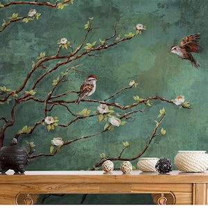 Papier peint vintage fleurs et oiseaux sombres, décoration murale nature, art mural floral, décalcomanie murale, papier adhésif vert foncé