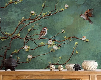 Papier peint vintage fleurs et oiseaux sombres, décoration murale nature, art mural floral, décalcomanie murale, papier adhésif vert foncé