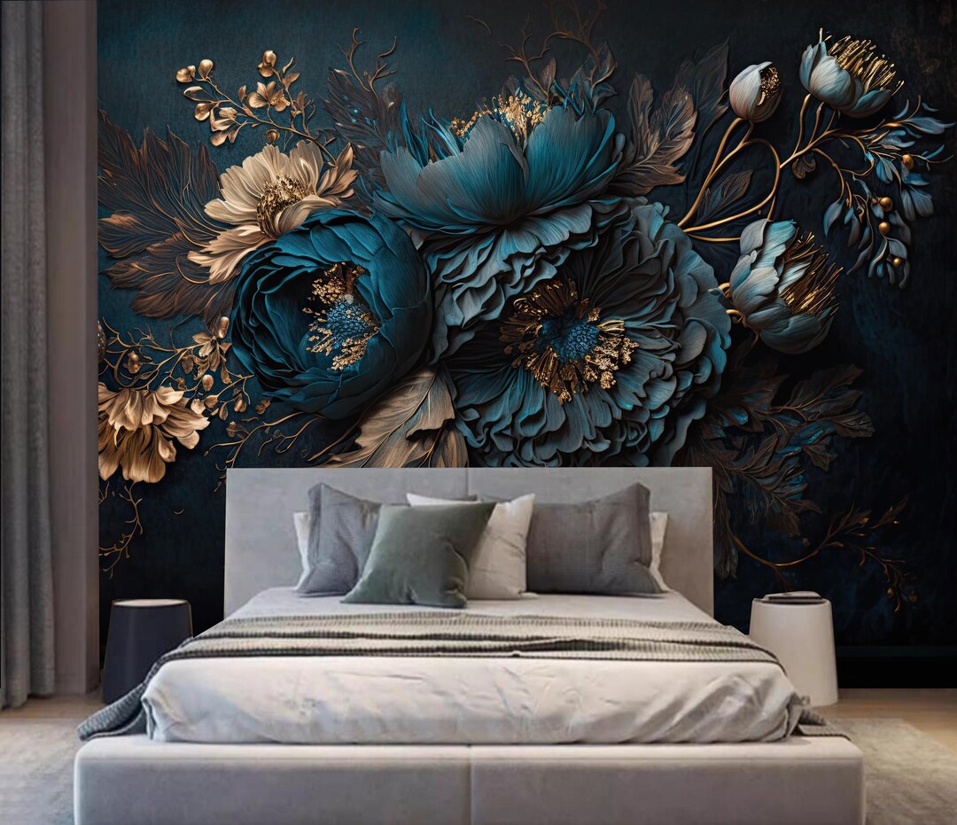 Blue Peony Floral Wallpaper Mural: Dark Home Decor (peel and Stick) - Etsy