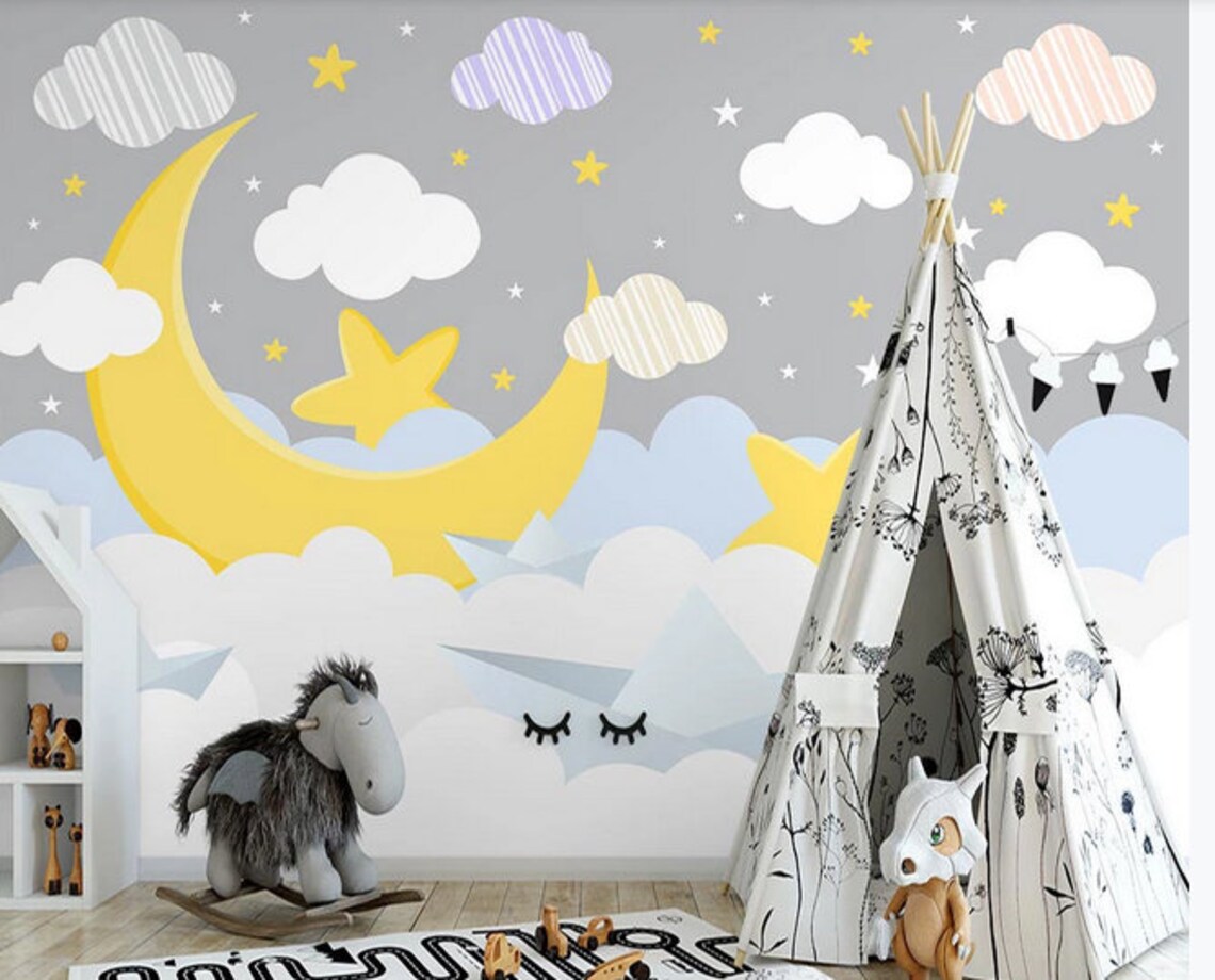 Cartoon Clouds and Moon Nursery Wallpaper Creative Clouds | Etsy