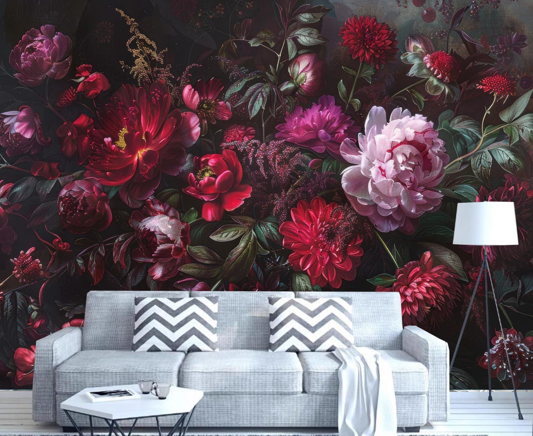 Floral Wallpaper Mural: Dark Red & Pink Roses, Peel and Stick - Etsy