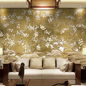 Chinoiserie Brushwork Gold Background Vine Flowers White Flowers Wallpaper Wall Murals Wall Decor