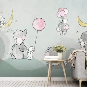 Hand Painted Cartoon Lovely Elephants Nursery Children Wallpaper, Grey Background Hot-air Balloon Kids Children Nursery Room Wall Mural