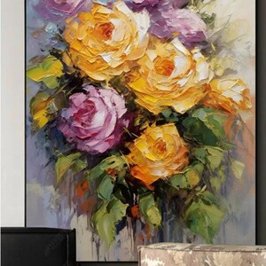 Pintura al óleo 100% hecha a mano, pintura al óleo de flor naranja y rosa, imagen de arte de pared de rosa hecha a mano, decoración de sala de estar y dormitorio (sin marco)