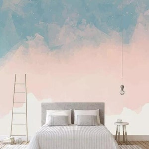 Watercolor Pink and Blue Sky Nursery Wallpaper, Creative Clouds Baby Girl's Room Nursery or Kid's Room Wall Murals Wall Decor