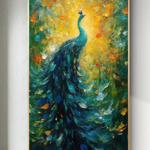 100% Handmade Oil Painting, Blue Peacock Oil Painting, Handmade Peacock Wall Art Picture Living Room Bedroom Decor (No Frame)