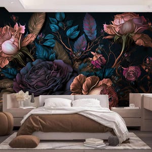 Dark Floral Wallpaper Mural: Roses, Dark Background Home Decor