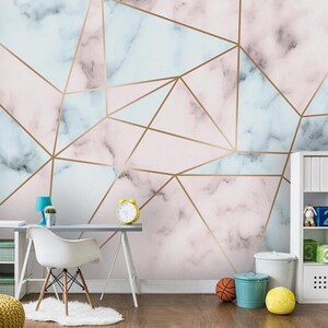 Gold Geometry Marble Wallpaper Mural: Pink & Blue Wall Decor