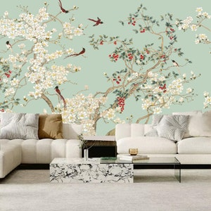 Chinoiserie Magnolia & Birds Wallpaper Mural: Peel and Stick Wall Decor