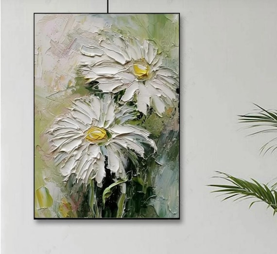 手作りデイジー油絵：花の壁アート装飾 - Etsy 日本