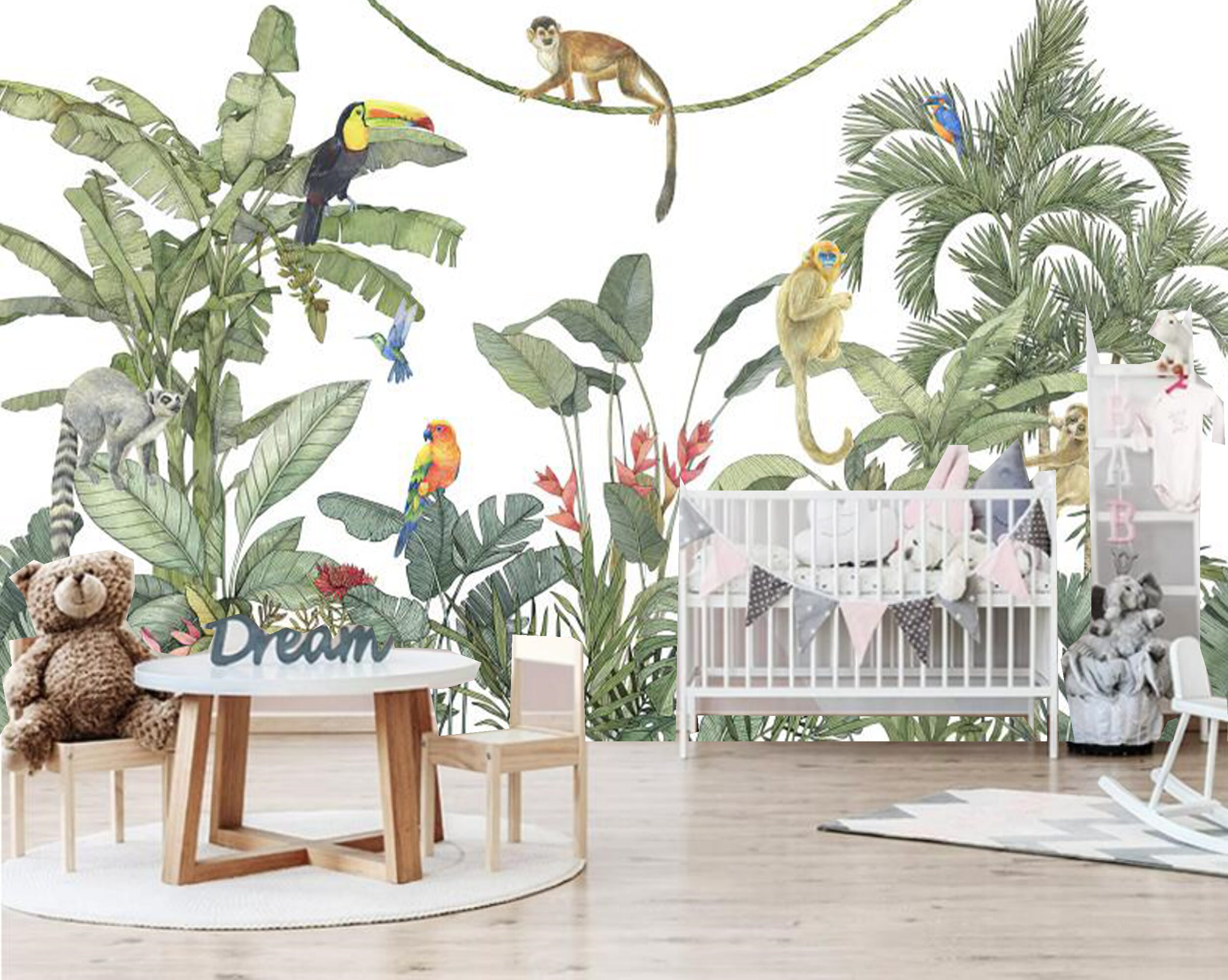 Jungle Animals Wallpaper Mural: Tropical Nursery Decor (peel and Stick ...