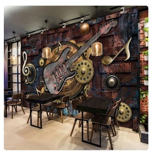 3D Retro Guitar Musical Notes Bar KTV Restaurant Cafe Background Wallpaper Wall Mural
