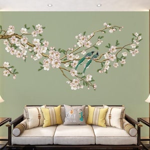 Chinoiserie Brushwork Hanging Cherry Flower Tree Wallpaper, Vivid Birds and Flowers Floral Wall Murals Wall Decor