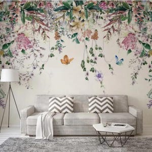 Hanging Rattan Fresh Leaves Wallpaper, Flying Butterflies and Pink Flowers Wall Murals for Living or Dinning Room
