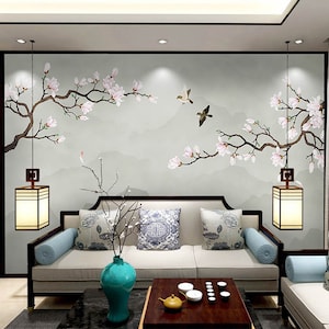 Chinese Style Hanging Magnolia Tree with Birds Wallpaper Wall Murals Wall Decor