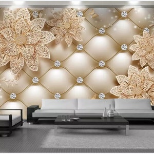 Carta da parati murale 3D di lusso con fiori di diamanti, decorazione da parete