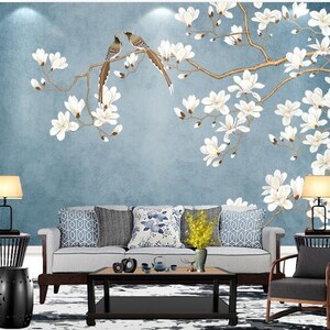 Chinoiserie Brushwork Hanging Magnolia Flower Tree Wallpaper, Vivid Birds and Flowers Floral Wall Murals Wall Decor
