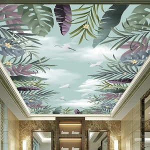 Southeast Asia Green Leaves Tropical Plants Skye Blue Living Room Bedroom Ceiling Wallpaper Wall Mural