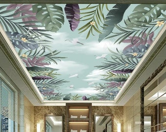 Asie du Sud-Est Feuilles Vertes Plantes Tropicales Skye Bleu Salon Chambre Plafond Papier Peint Papier Peint