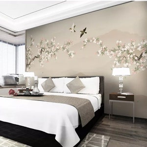 Chinoiserie Brushwork Hanging Magnolia Tree with Birds Wallpaper Wall Murals Wall Decor
