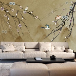 Chinoiserie Cherry Blossom Birds Wallpaper Mural: Peel & Stick