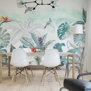 Tropical Rainforest Plants Wallpaper, Watercolor Banana Leaves Fruits with Flying Birds Wall Murals Wall Decor