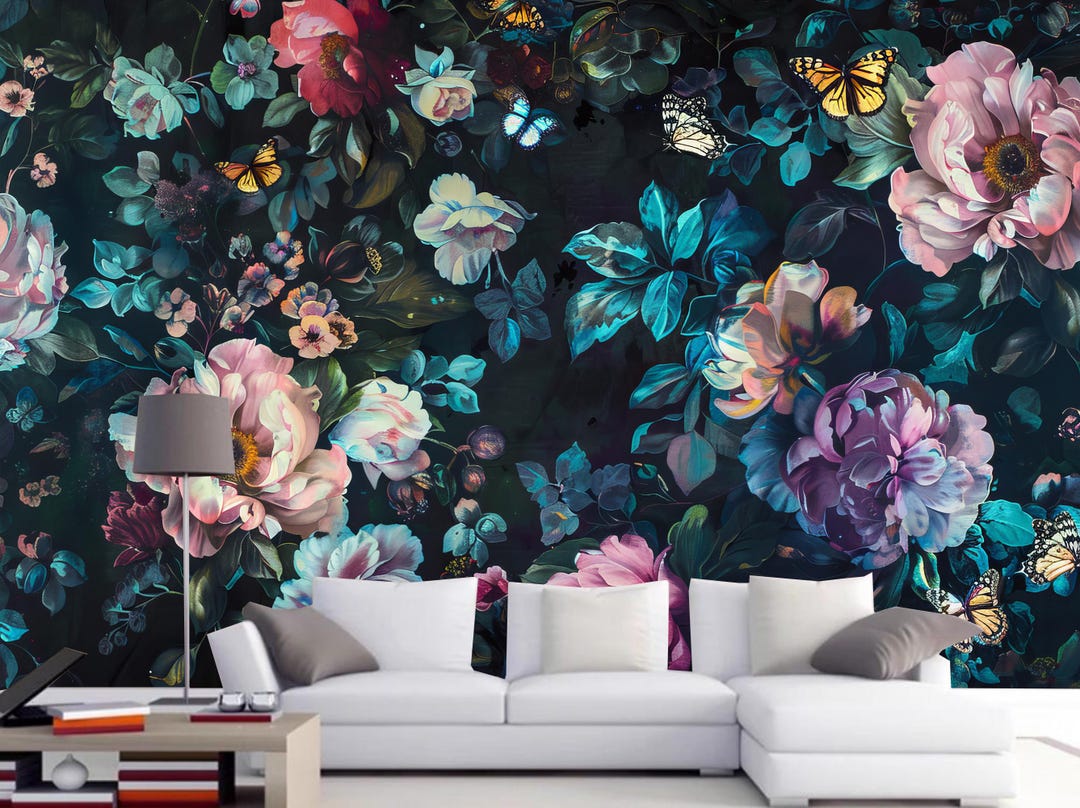 Dark Floral Wallpaper Mural: Pink Wildflowers, Peel and Stick - Etsy