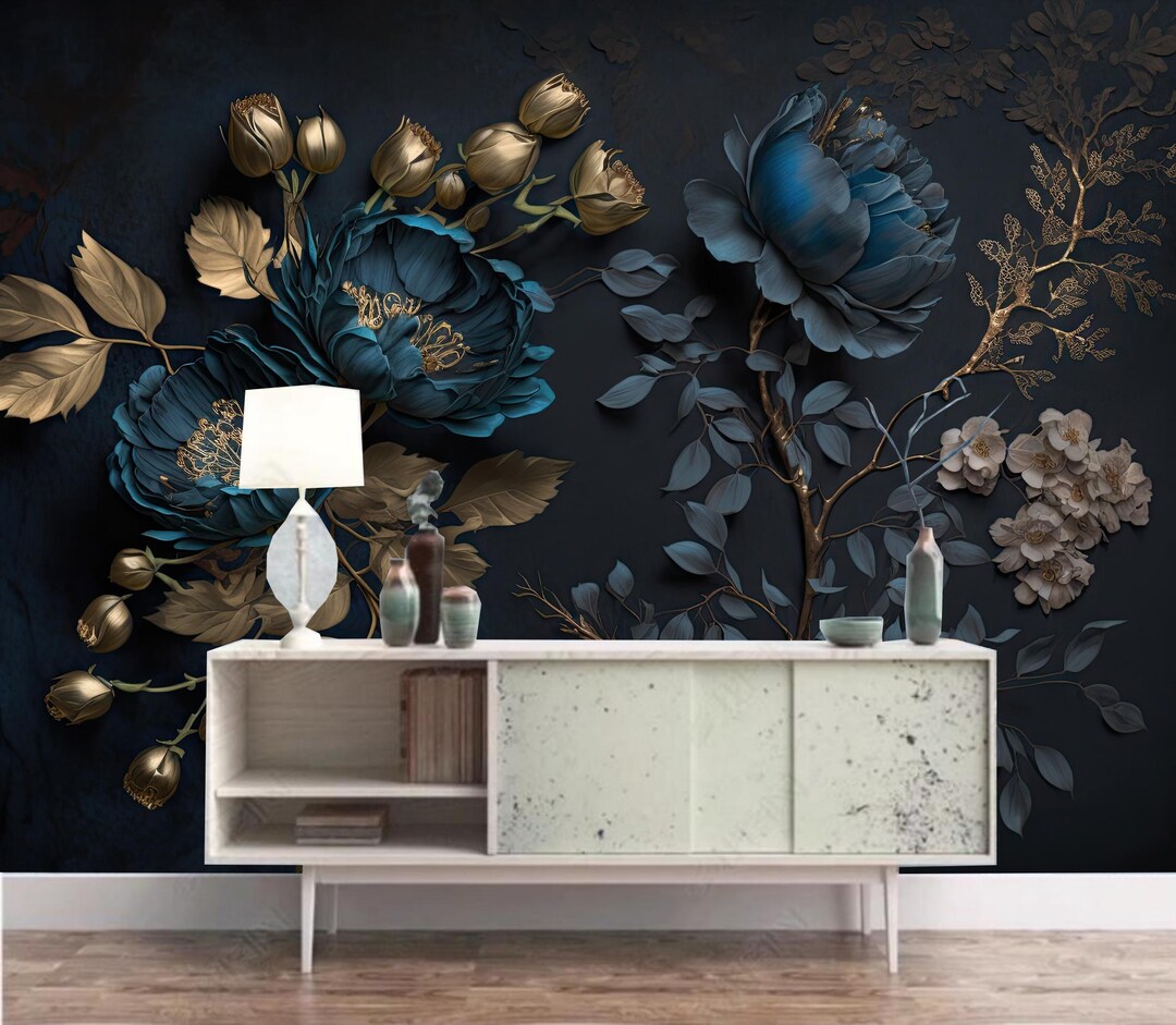 Dark Background Blue Peony Flowers Floral Wallpaper Wall Mural Home ...