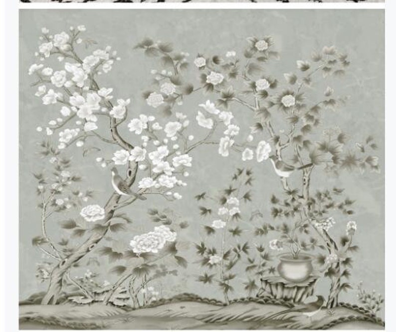 Grey Background Birds and Flowers Wallpaper Handpainted | Etsy