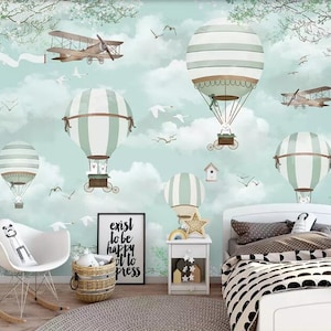 Customized Child Room Background Wall Wallpaper Blue Sky White Clouds Hot Air Balloon Plane Animal Puppy Wallpaper