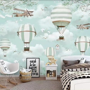 Customized Child Room Background Wall Wallpaper Blue Sky White Clouds Hot Air Balloon Plane Animal Puppy Wallpaper