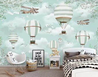 Customized Child Room Background Wall Wallpaper Blue Sky White Clouds Hot Air Balloon Plane Animal Puppy Wallpaper