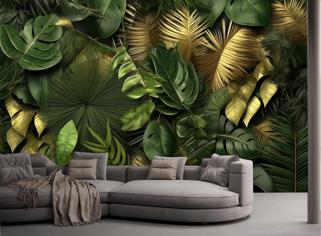 Dark Background Green Leaves Palm Leaf Wallpaper Wall Mural Home Decor ...